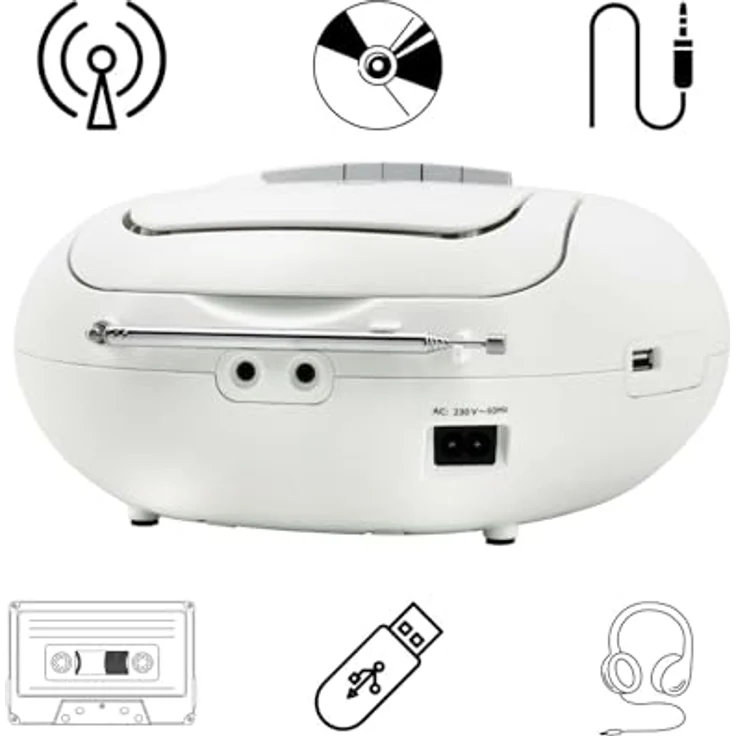 Soundmaster SCD7800 tragbares Digitalradio CD-Player Kassettenspieler Hörbuchfunktion DAB+ UKW-Radio USB-Anschluss Kopfhöreranschluss (weiß) – Bild 2
