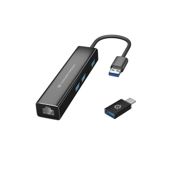Conceptronic USB 3.0 zu RJ45 Adapter, 3xUSB 3.0 und Typ-C, 0,15m, schwarz, Gigabit Ethernet bis 1000 Mbit/s, Plug-and-Play, für Windows und macOS