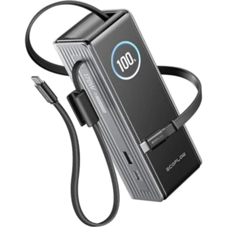 EcoFlow RAPID Powerbank 25.000mAh, 170 W Leistung, mit 2 integrierten USB-C-Kabeln, Schwarz