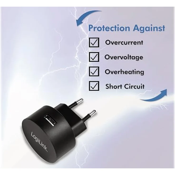 LogiLink PA0217 Fast Charging - USB Steckdosenadapter (1x USB-A, 10,5W) für Smartphones-Tablets-MP3-MP4 Player-eBooks-Navi-etc. mit Überlade-, Tiefentlade-, Überlast- und Kurzschlussschutz, schwarz – Bild 6