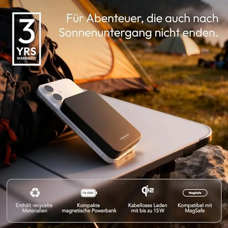 VONMÄHLEN Evergreen Mag 10.000 mAh Qi2-Powerbank – kabelloses 15W Laden, MagSafe-kompatibel, 20W USB-C Power Delivery, nur 14,3 mm dünn – Schwarz – Bild 2
