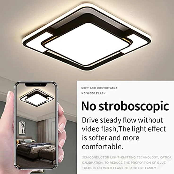 Natsen LED Deckenleuchte 90W dimmbar mit Fernbedienung, moderne Lampe für Küche Büro Schlafzimmer Wohnzimmer Esszimmer Flur Diele, Quadrat, Schwarz 42x42x6cm – Bild 3