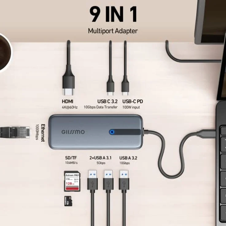 USB C Hub 4K@60Hz, 100W PD, Ethernet RJ45, 10Gbps USB-C/A 3.2Gen 2, MicroSD & SD Kartenleser, 2 USB 3.0, 9-in-1 GIISSMO USB C Hub Kompatibel mit MacBook M1 M2, HP Dell Lenovo Laptops und mehr – Bild 2