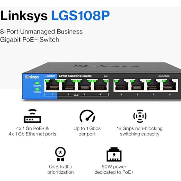 Linksys Administrativer Gigabit-Switch für Profis schwarz 8 Port mit PoE – Bild 2
