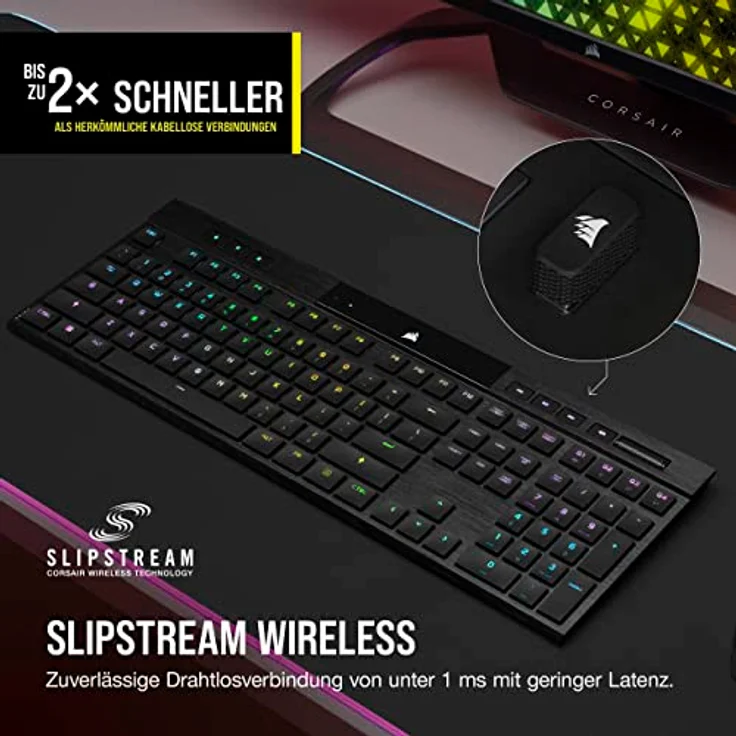 Corsair K100 AIR WIRELESS RGB Ultradünne Mechanische Gaming-Tastatur - Sub-1-ms-SLIPSTREAM WIRELESS, Bluetooth, CHERRY MX Ultra Low Profile-Tastenschalter - DE Layout, QWERTZ - Schwarz – Bild 5