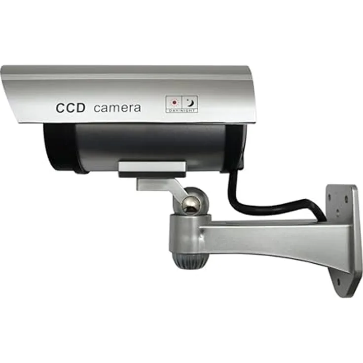 Maclean Überwachungskamera Attrappe IR1100 S Wasserdicht mit rotem LED Blinklicht, Silber (2-tlg.)