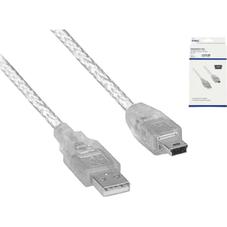 DINIC USB-A 2.0 Stecker auf 5pin mini Stecker Kabel, 2 m, AWG 28/26, transparent, doppelt geschirmt