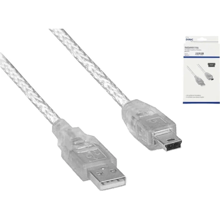 DINIC USB-A 2.0 Stecker auf 5pin mini Stecker Kabel, 2 m, AWG 28/26, transparent, doppelt geschirmt