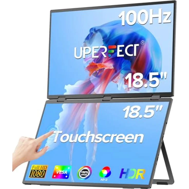 UPERFECT Delta 18.5" Dual Portable Monitor, 100Hz Touchscreen, Plug & Play, VESA-Halterung, klappbar, für Laptop, PC, Game Console – Bild 1