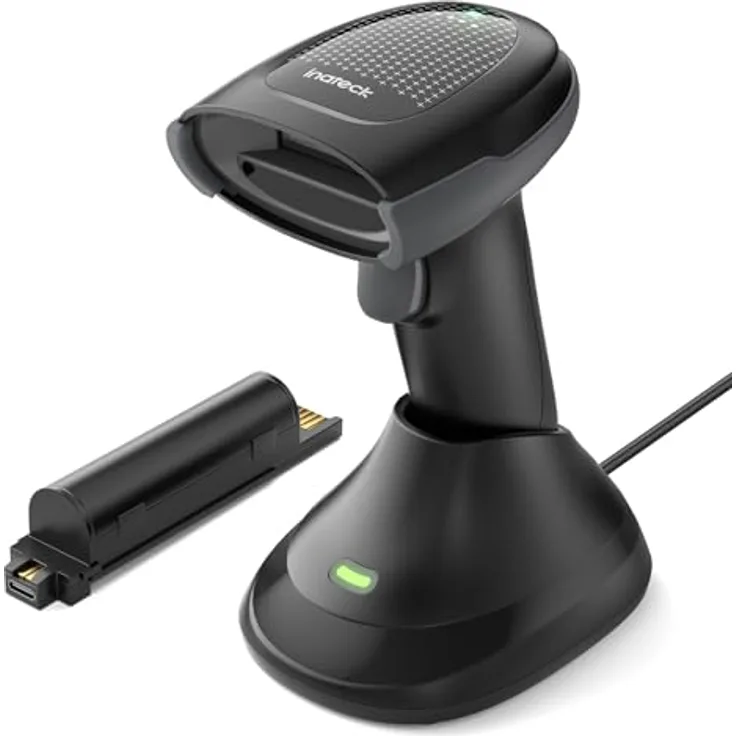 Inateck 2D Barcode Scanner, kabellos mit 2 x 2000mAh Akkus, Ladestation, Bluetooth, kompatibel mit Android/iOS, für Lagerhaltung und Logistik