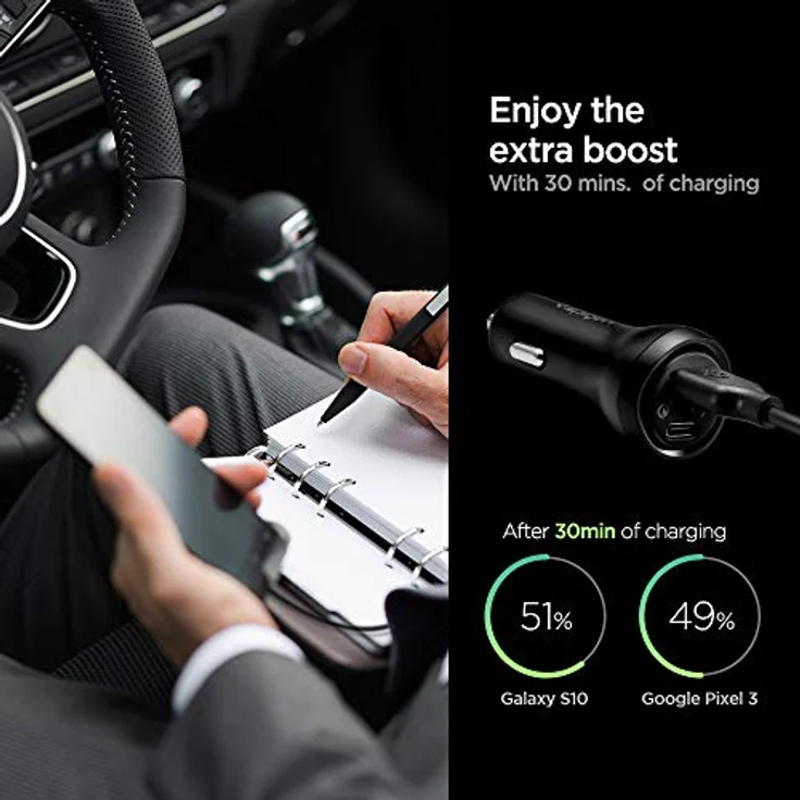 Spigen Essential 45W PD 2 Port KFZ Auto Ladegerät USB C Power Delivery Zigarettenanzünder Kompatibel mit iPhone 15 14 13 12 Mini SE 2020 11 X XR XS Max iPad Pro Galaxy S24 S23 S22 S21 S20 S10 Plus - Schnellladefunktion, Qualcomm QC 3.0, Breite Kompatibilität, iP Tech, Weiß – Bild 3