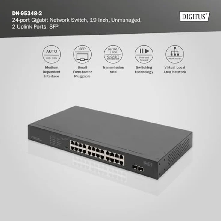 Digitus 24-Port Gigabit Netzwerkswitch, 19 Zoll, unmanaged,2 Uplink Ports, SFP (24 Ports), Netzwerk Switch, Grau – Bild 4