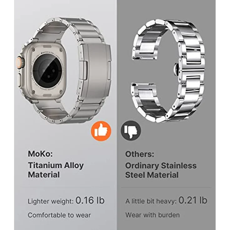 MoKo Titan Armband für Apple Watch Ultra 3/2/1 und Series SE3/SE2/11-1, Metall Ersatzarmband, silber, leicht und robust, passend für Handgelenke 118-188 mm – Bild 3