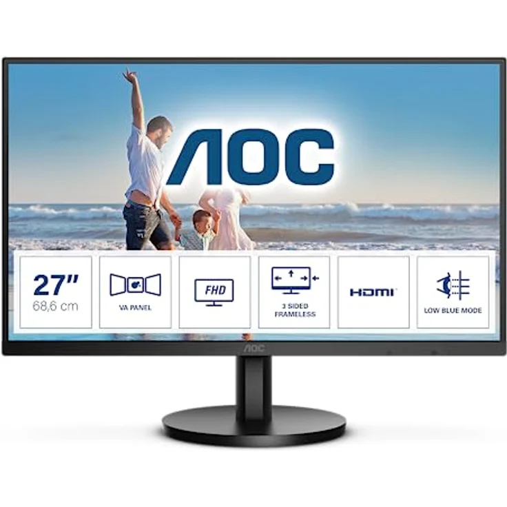 AOC 27B3HM - 27 Zoll Full HD Monitor, Adaptive Sync (1920x1080, 75 Hz, VGA, HDMI 1.4) schwarz, kontraststarkes VA Panel, Flicker Free- und Low Blue Light-Technologie, 4ms Reaktionszeit – Bild 2