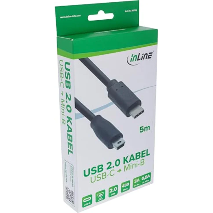 InLine - USB-Kabel - 5-poliger mini-USB (M) bis USB-C (M) - USB2.0 - 0,5 A - 5,0m - Schwarz (35755) – Bild 3