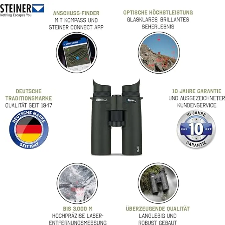 Steiner Jagd-Fernglas eRanger LRF 10x42 - Laser-Entfernungsmesser bis 3.000m, digitale Übertragung an Steiner Connect App, mit Steiner Impact Locator - Schwarz – Bild 2