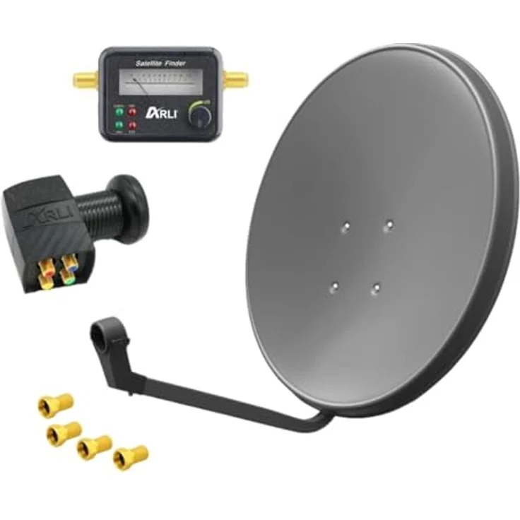 ARLI 60 cm HD Satellitenantenne, Quad LNB mit Satfinder und 4 F-Steckern, digital, 2 Teilnehmer, grau, UHD 4K – Bild 1