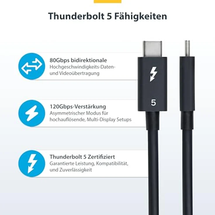 StarTech.com Thunderbolt 5 Kabel 50cm, 80Gbps-120Gbps, 240W PD, 8K60Hz, Thunderbolt-zertifiziert, TB4, USB4, USB-C – Bild 3