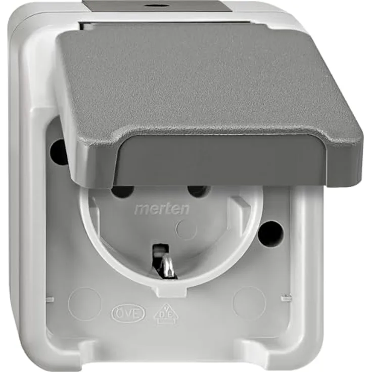 Schneider Electric Merten Schuko-Steckdose Aquastar, 1-fach, 2-polig+E mit Klappdeckel, IP44, lichtgrau, Artikelnummer MEG2300-8029