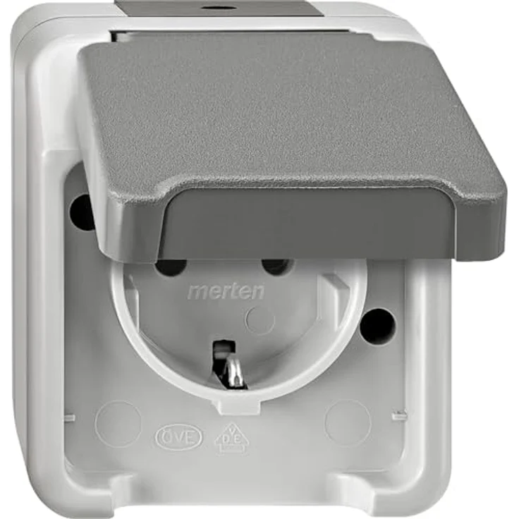 Schneider Electric Merten Schuko-Steckdose Aquastar, 1-fach, 2-polig+E mit Klappdeckel, IP44, lichtgrau, Artikelnummer MEG2300-8029 – Bild 1
