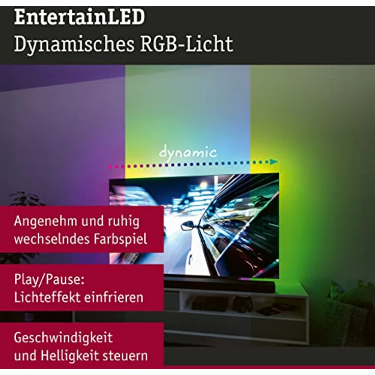 Paulmann 78881 LED Stripe USB TV-Beleuchtung 65 Zoll 2,4m 60LEDs/m Dynamic Rainbow RGB incl. 1x4 Watt dimmbar Lichtband Schwarz Kunststoff – Bild 2