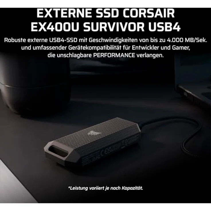 Corsair EX400U Survivor 4TB USB4 Externe SSD, bis zu 4.000 MB/s, IP55-Schutz, Plug & Play, Schwarz – Bild 2