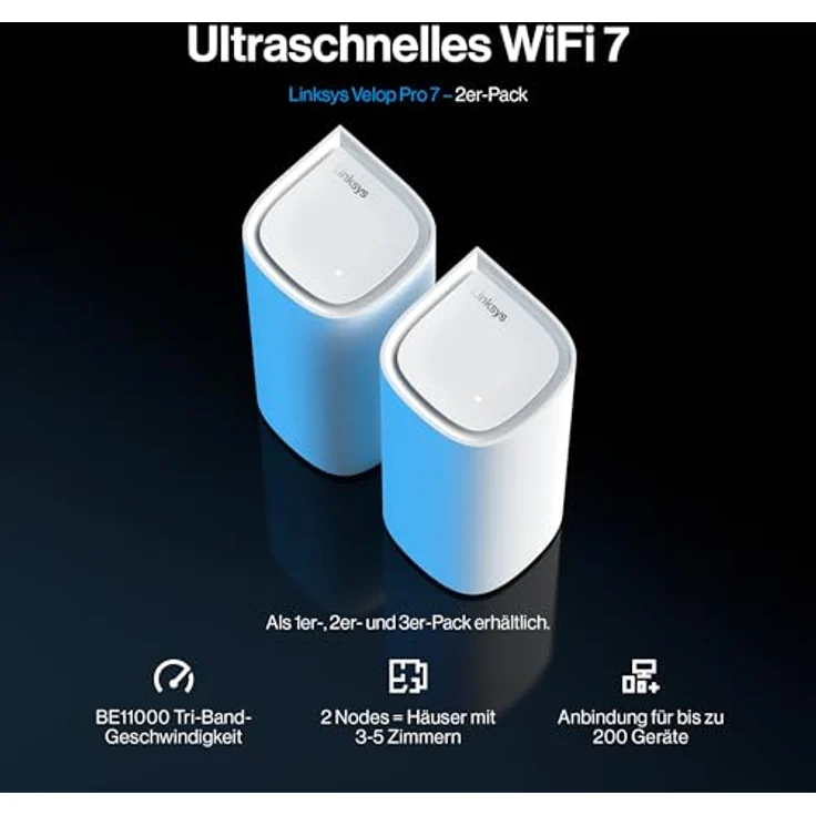 Linksys Velop Pro 7 Mesh WiFi 7-System MBE7002 – Tri-Band, über 10 Gbit/s, 550 m² Abdeckung, 400 Geräte – 2er-Pack – Bild 2