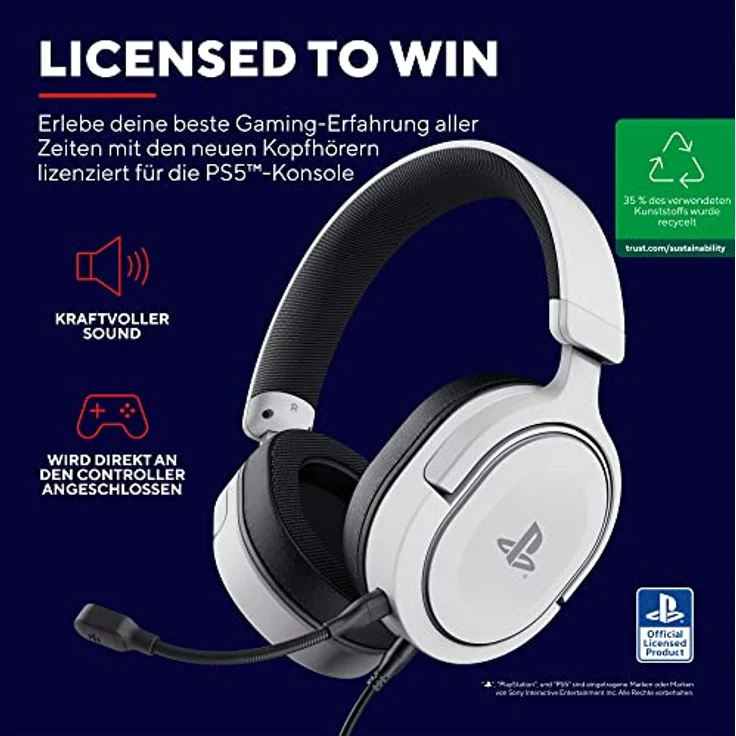 Trust Gaming Headset GXT 498W Forta Offiziell Lizenziert für Playstation 5, PS4 / PS5 Headset, 1,2 m Kabel, 50mm-Treiber, Abnehmbares Mikrofon, Verstellbare Over-Ear Kopfhörer, Weiß – Bild 2