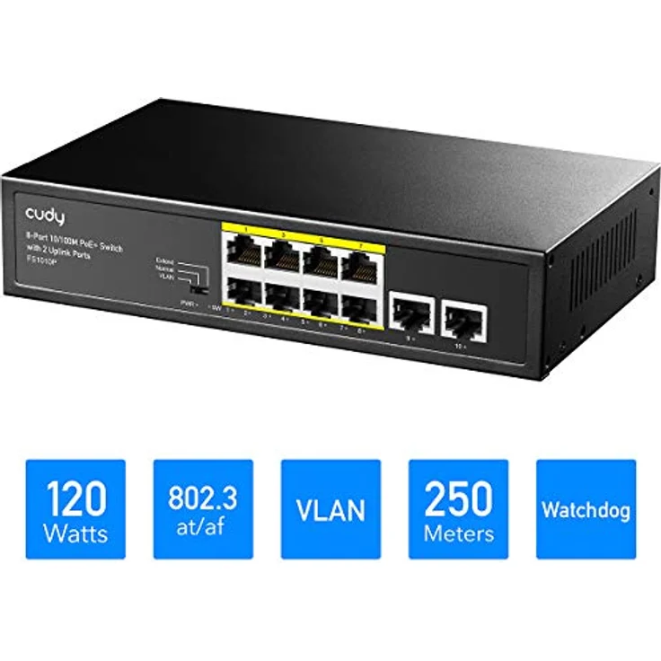 Cudy FS1010PG 8-Port PoE + -Switch mit 2 Gigabit-Uplink-Ports 120 W, 8 * 10/100 Mbit/s PoE+ @ 120 W, Extend/VLAN-Modus, 802.3af / at Standard, Lüfterlos, Watchdog, Plug & Play – Bild 2