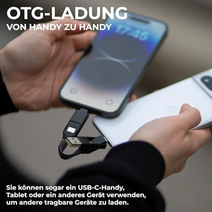 inCharge Rolling Square X Schlüsselanhänger mit USB-C-Kabel, Universal-Smartphone-Kabel, Geschenk für Männer, 6-in-1-Universalladegerät für Smartphones, tech Gadget, Schwarz, Lightning-Kabel 100W – Bild 7