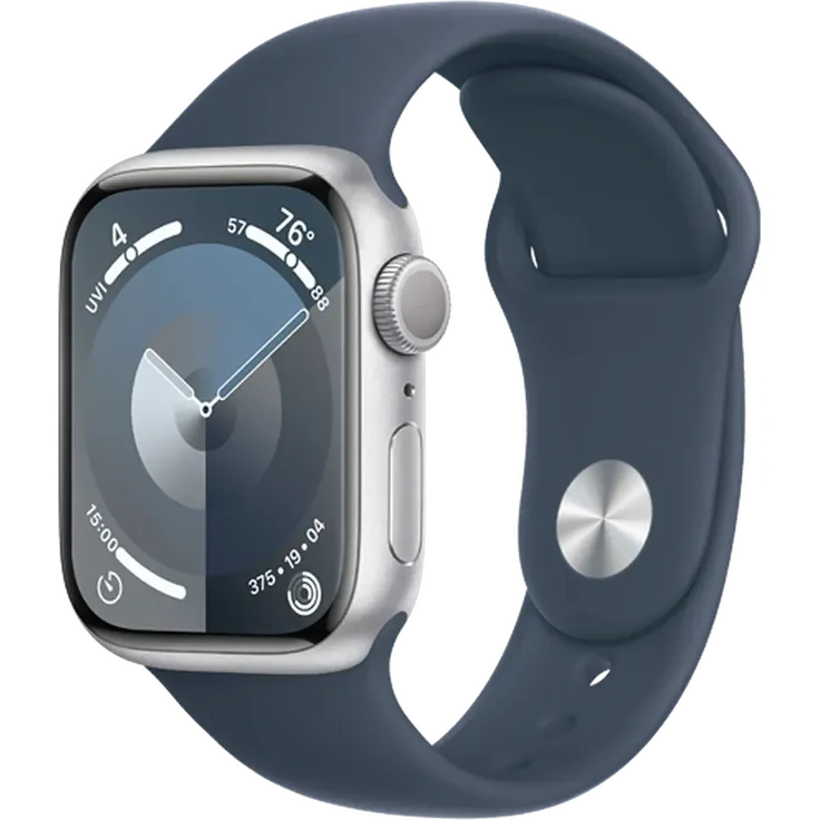 Apple Watch Series 9 GPS, 41 mm Aluminiumgehäuse Silber, Sportarmband Sturmblau – S/M