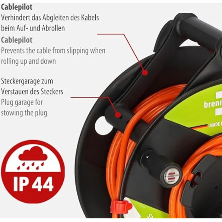 Brennenstuhl Garant G Bretec IP44 Gartenkabeltrommel mit recycelten Kunststoff-Komponenten, 40m Kabel in orange, Made in Germany – Bild 5