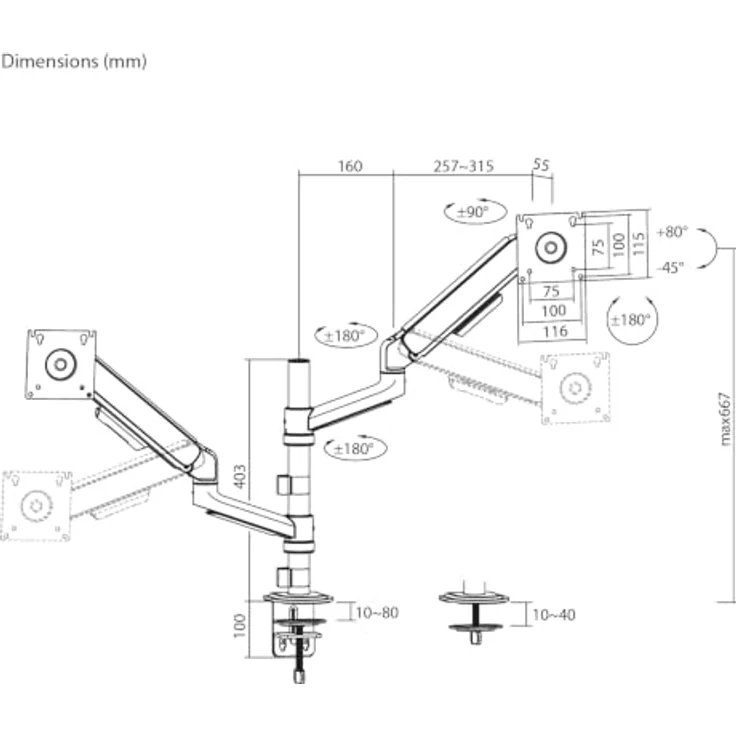 Ergo Office ER-692 Dual-Monitorhalterung für 2 Monitore (17–32 Zoll) mit Gasfedern, bis 10 kg pro Arm, VESA 75x75/100x100 – Bild 9