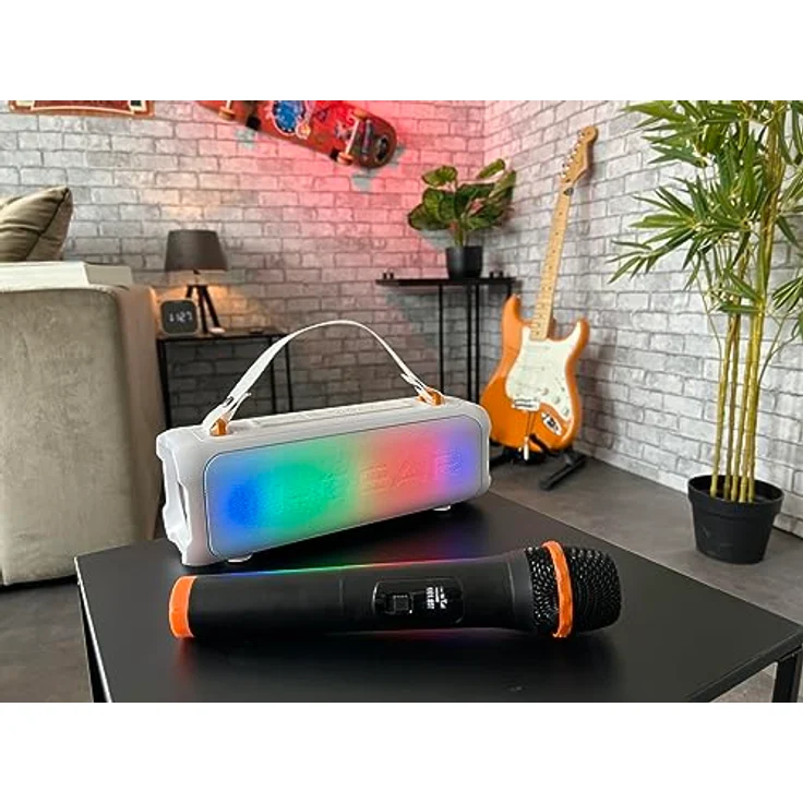 N-Gear Blazooka 703 Weiß - Tragbarer, kabelloser Bluetooth Lautsprecher mit Mikrofon, Disco Licht, 100 Watt und 5 Stunden Spielzeit – Bild 5