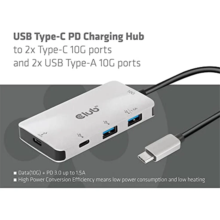 Club 3D USB-Typ-C PD Lade-Hub auf 2x Typ-C 10G Ports und 2x USB-Typ-A 10G Ports – Bild 3