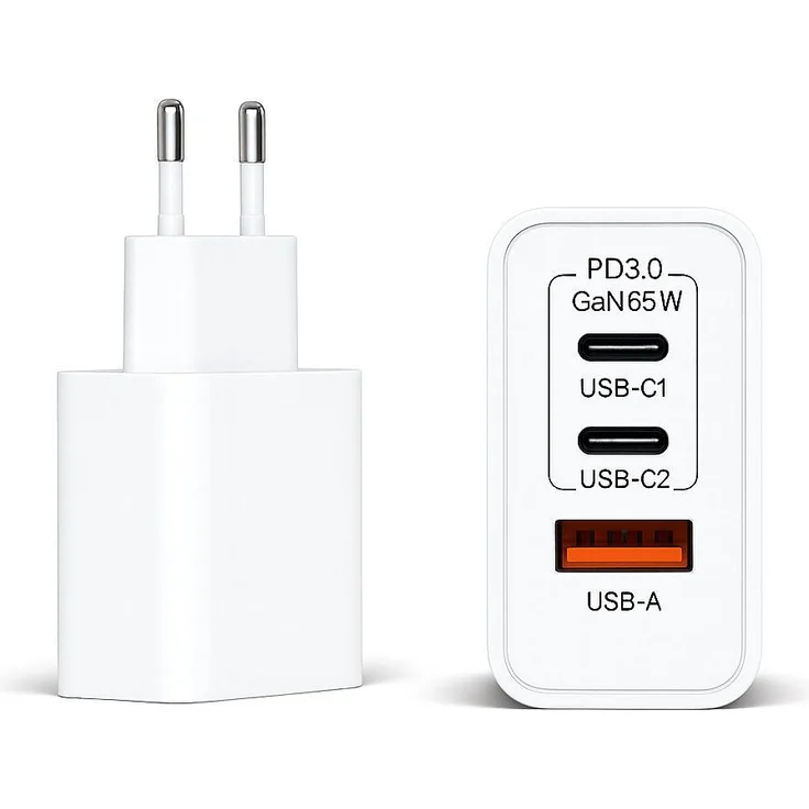 Marco Kuhn MATO TEC 65W GaN 3-Port Schnellladegerät mit 2x USB-C und 1x USB-A, inkl. 2m USB-C Kabel, Weiß