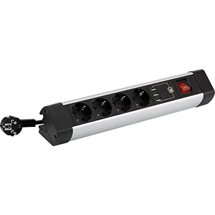 Mehrfachsteckdose mit Tischbefestigung, 4 Steckdosen 16 A 250 V + 3 USB-Kabel mit 1,5 m 3G1,5 in Aluminium SIMON