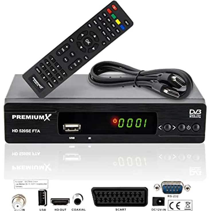 Premium X Satelliten-Receiver HD 520SE FTA Digital SAT TV Receiver DVB-S2 FullHD HDMI SCART 2X USB Multimedia-Player, Astra Hotbird vorprogrammiert