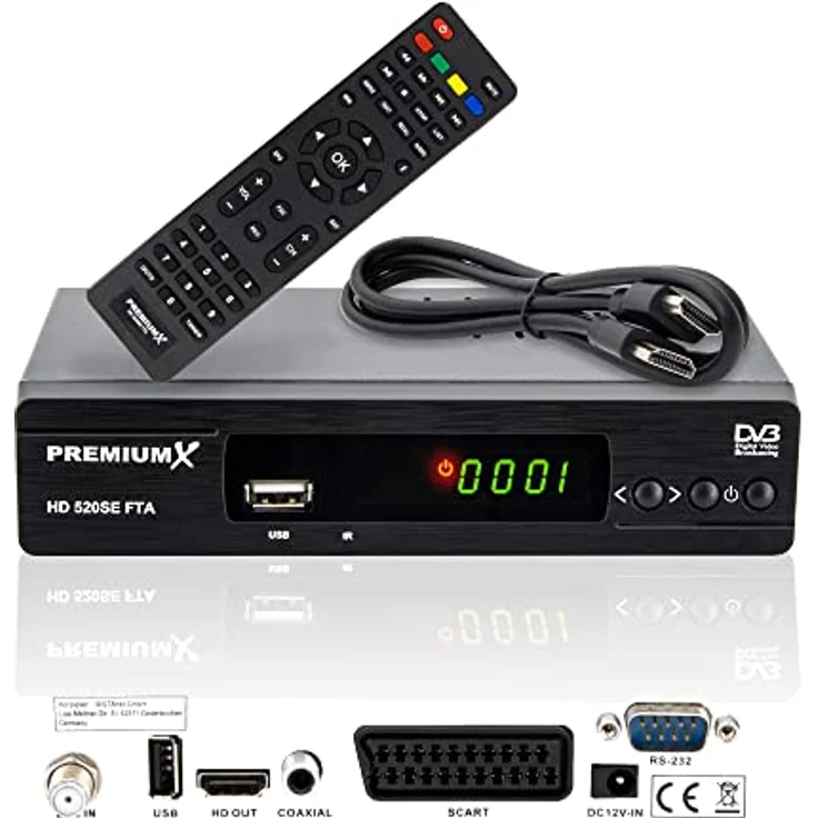 Premium X Satelliten-Receiver HD 520SE FTA Digital SAT TV Receiver DVB-S2 FullHD HDMI SCART 2X USB Multimedia-Player, Astra Hotbird vorprogrammiert – Bild 1