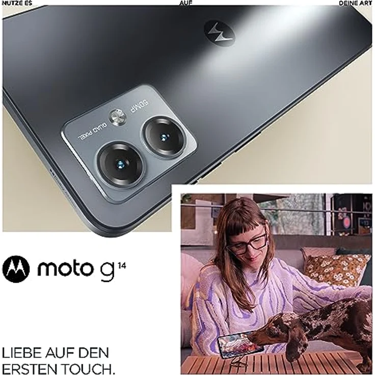 Motorola Moto g14 Smartphone (6,5"-FHD+-Display, 50-MP-Kamera, 4/128 GB, 5000 mAh, Android 13) Steel Grey, inkl. Schutzcover + KFZ-Adapter [Exklusiv bei Amazon] – Bild 2