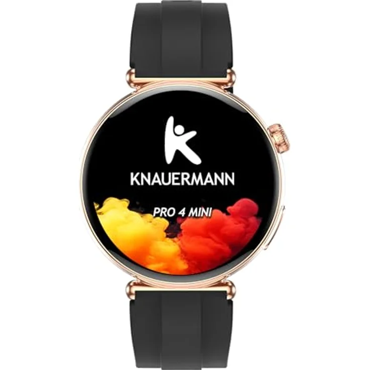 Knauermann PRO 4 MINI (2026), EKG Gesundheitsuhr mit Blutdruck-, Puls- und Blutsauerstoffmessung, Schlafanalyse, Telefonie, IP67, Rund Gold, Silikon Schwarz, 41 mm – Bild 1