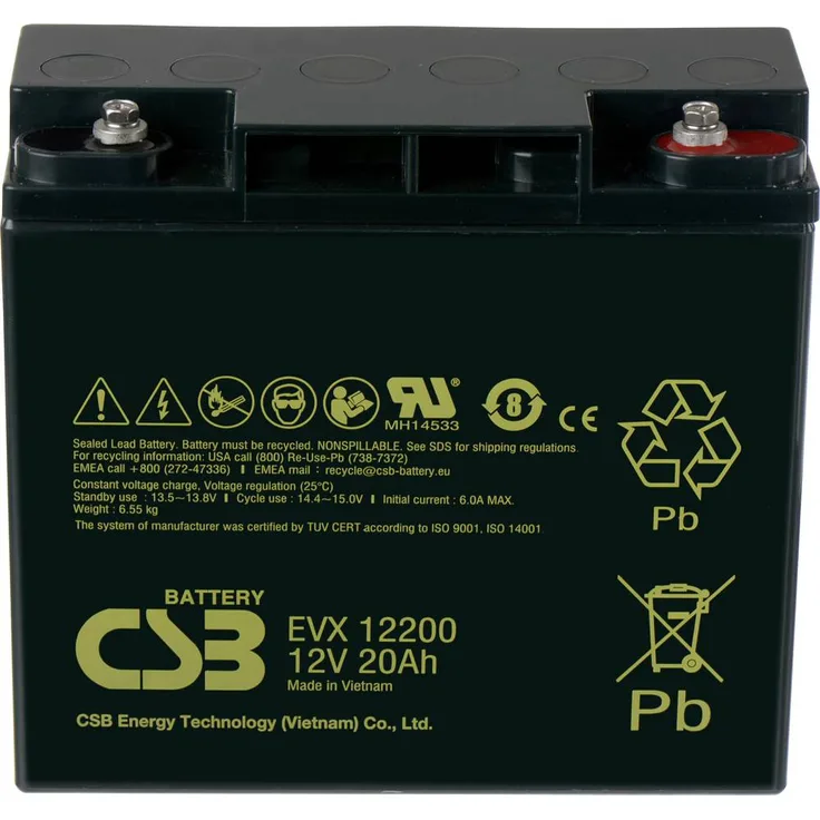 CSB Battery EVX 12200 Bleiakku 12V 20Ah AGM, zyklenfest mit M5-Schraubanschluss, Maße 181 x 167 x 76mm