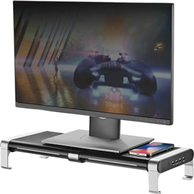 my wall HyperGaming Monitor Rack - HT43L, Monitorständer, RGB Beleuchtung, Qi-Charger, Bildschirmerhöhung, Inklusive USB Hub und Schubladen, Monitorerhöhung, Gaming Setup – Bild 3