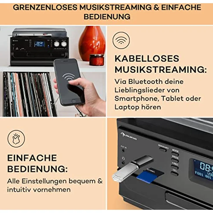 Oakland Retro-Stereoanlage FM BT-Funktion Vinyl CD Kassette MP3 Mit DAB+-FM Radio – Bild 6