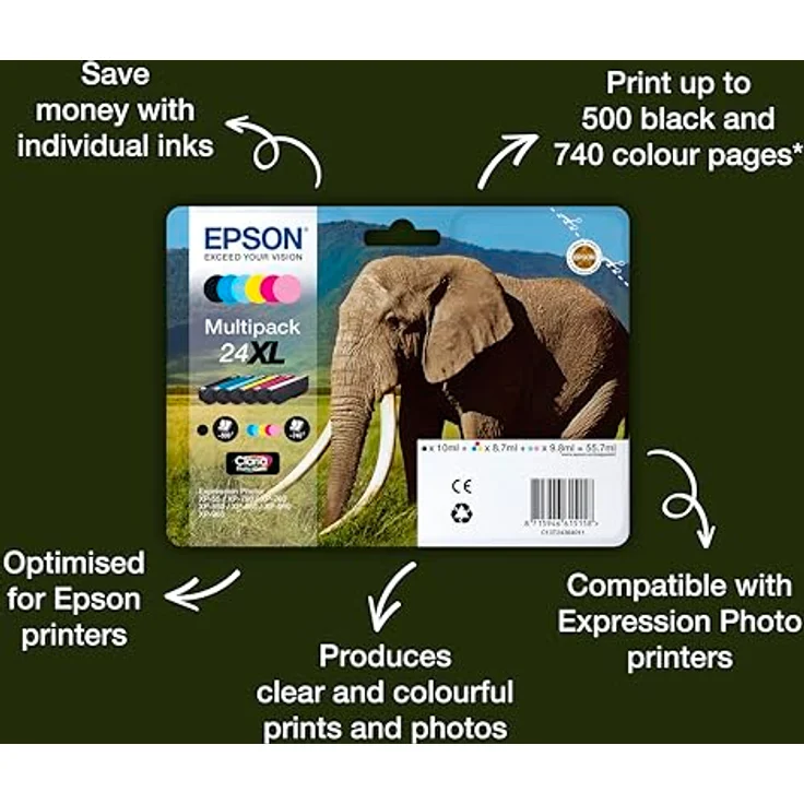Epson Original 24XL Tinte Elefant (XP-750 XP-850 XP-950 XP-55 XP-760 XP-860 XP-960 XP-970) Multipack 6-farbig – Bild 2
