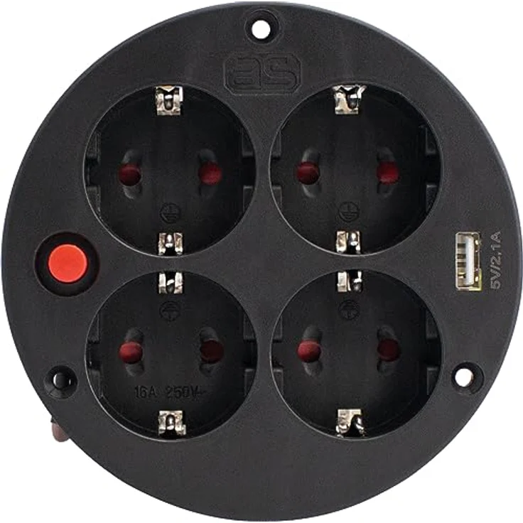 as - Schwabe 4-fach-Steckdoseneinsatz für Kabeltrommeln 230V/16A mit USB-Ausgang 5V/2,1A, Thermoschutzschalter, IP20, Schwarz – Bild 1