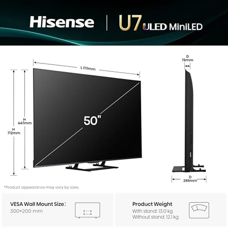 Hisense 50U7Q 50 Zoll 4K Mini LED ULED Smart TV mit Hi-View AI Engine, 144Hz Game Mode Pro, Dolby Vision IQ Atmos und Built-in Subwoofer – Bild 2