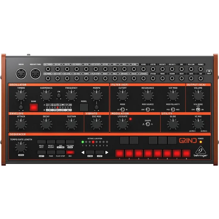 Behringer Grind, Hybrid Synthesizer mit 24 Synthese-Algorithmen, analogem 24dB Filter und 32-Schritt Stepsequencer – Bild 1