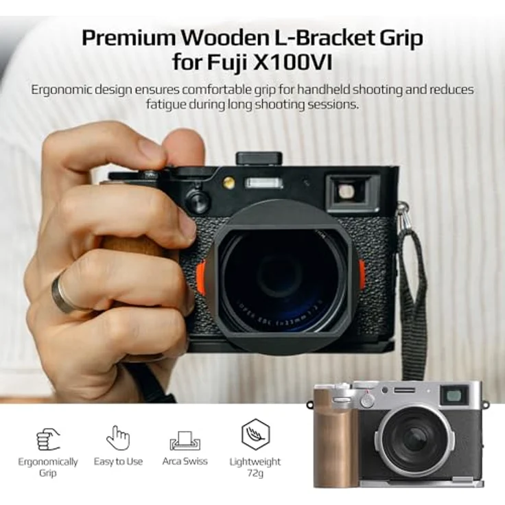 Freewell Fuji X100VI L Bracket Premium Grip, ergonomischer Batteriegriff mit Holzstruktur, Silber – Bild 2