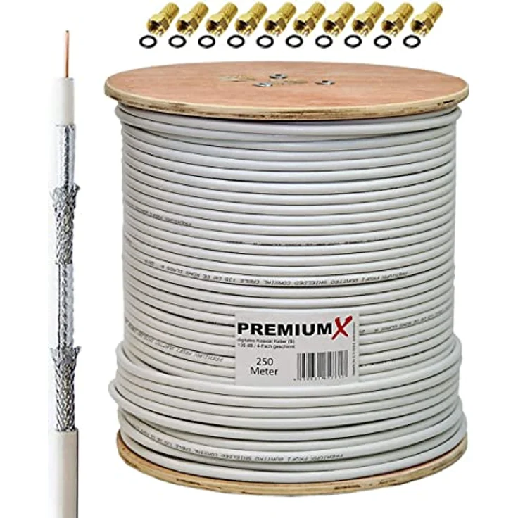 Premium X 250m BASIC Koaxialkabel, 135dB 4-fach SAT Antennenkabel, geeignet für DVB-S/S2, DVB-C, DVB-T, mit 10 F-Steckern – Bild 1